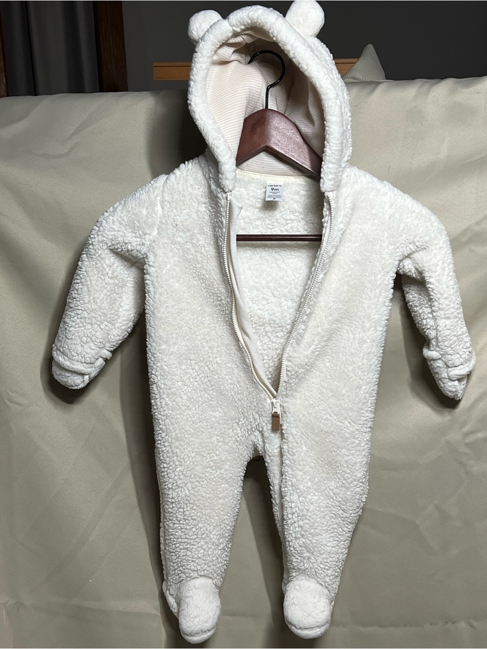 Carter's Cream Plush Bear Hooded Footed One-Piece